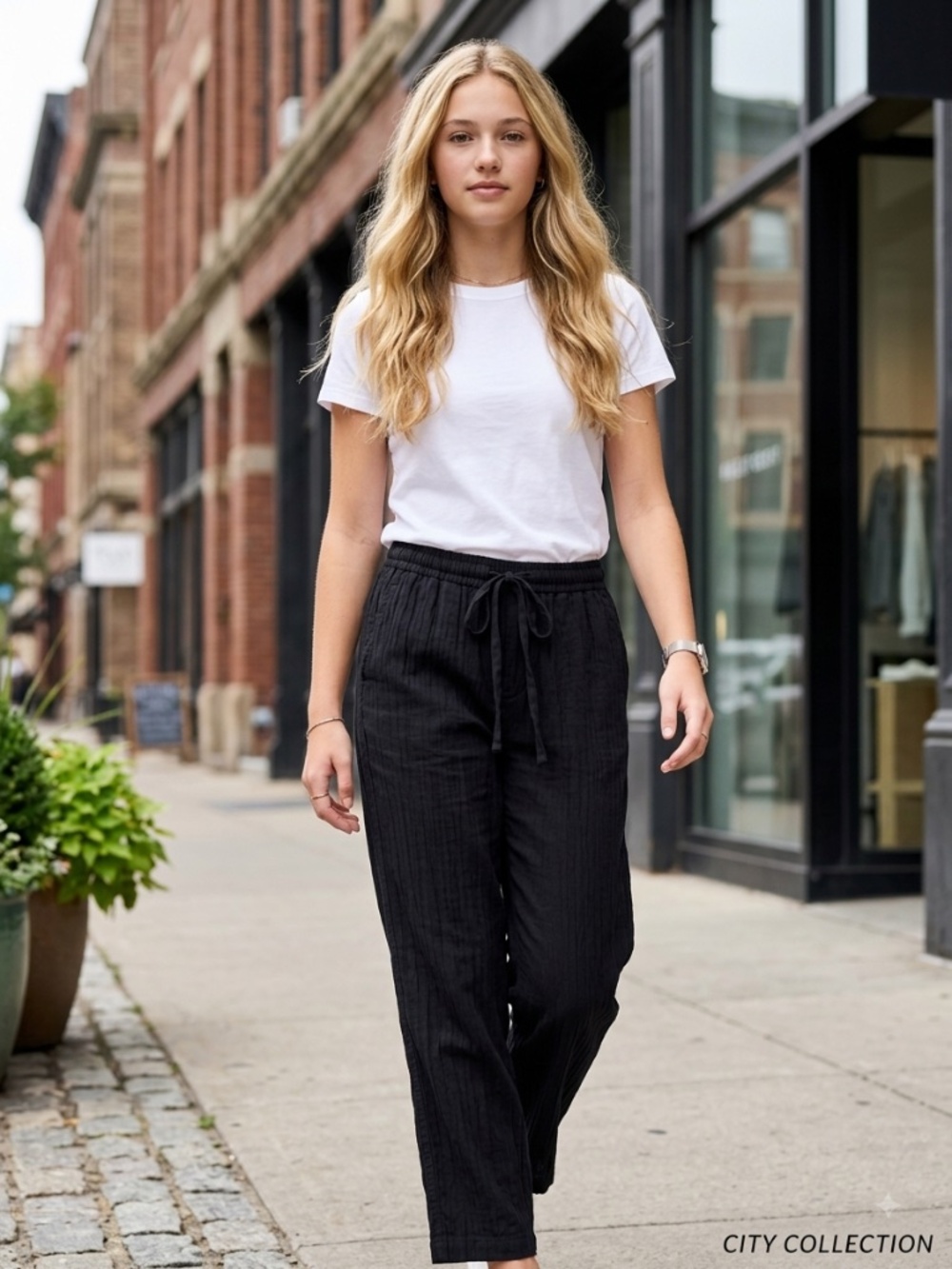 Zara Black Textured Straight Leg Drawstring Pants Size XS